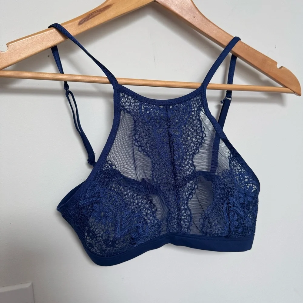 Victoria’s Secret Lace Bralette | Navy Blue Sheer Floral Lace Bralette XS - Picture 2 of 5